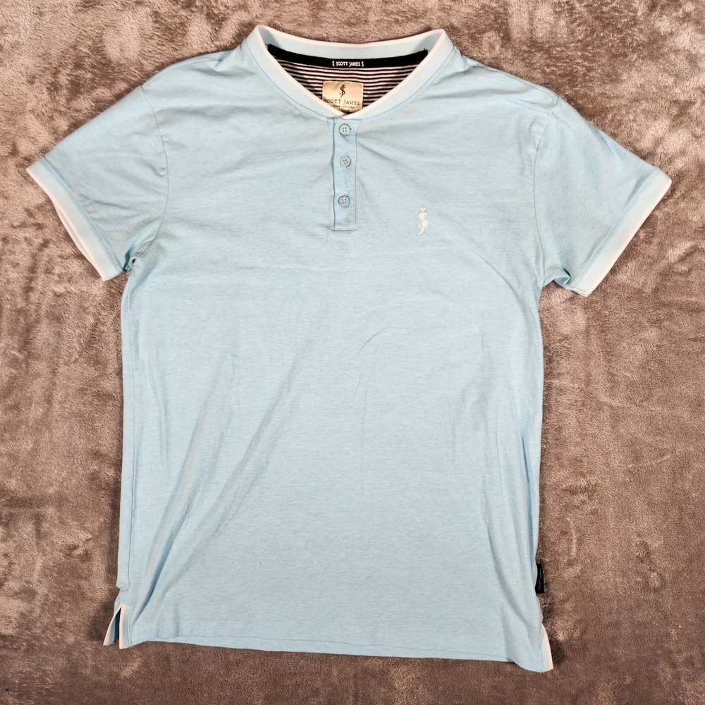 Scott James Henley Shirt Mens Medium Blue Good Short Sleeve Cotton Blend Striped